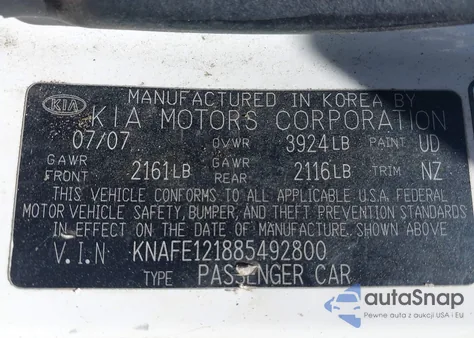 2008 Kia Spectra Ex из США, поврежденный, VIN KNAFE121885492800